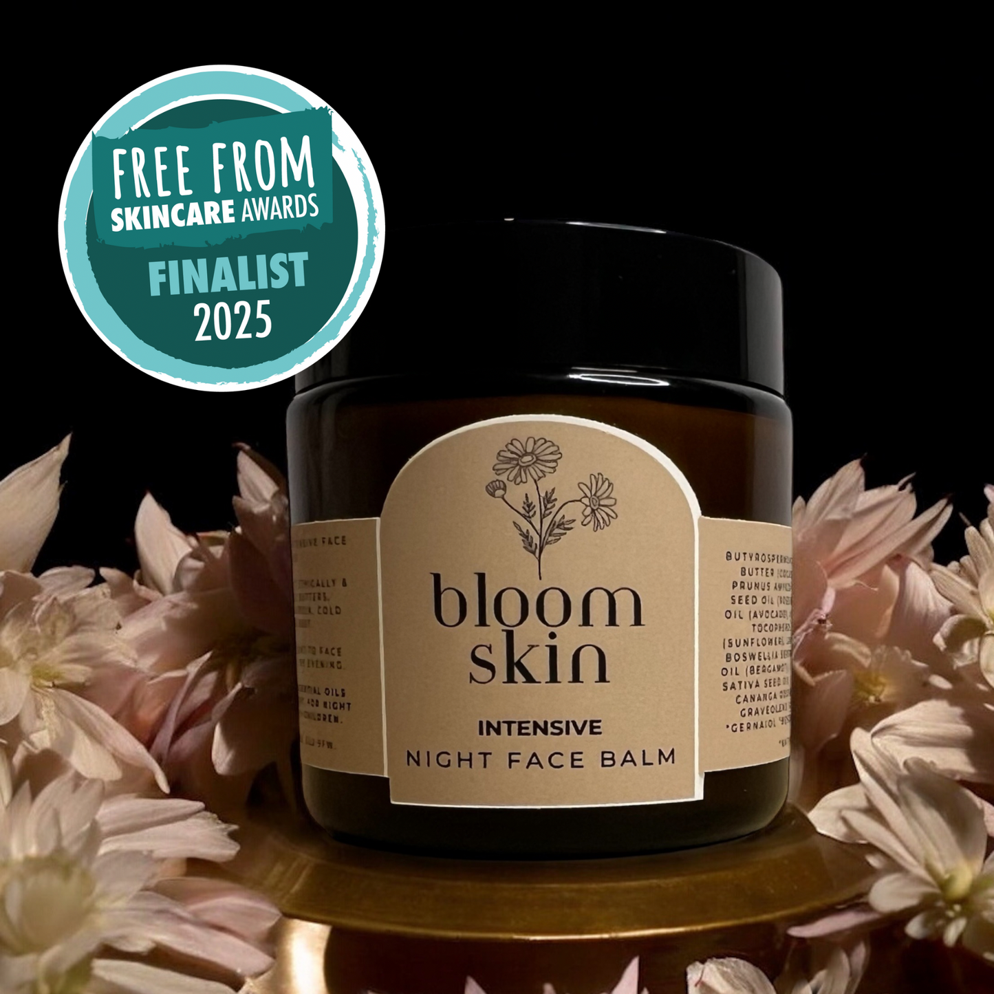 A jar of Bloom Skin Intensive Night Face Balm placed on a surface with a floral background, and a 'Free From Skincare Awards Finalist 2023' badge displayed in the top left corner.