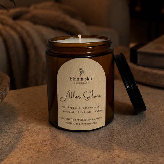 Atlas Solace essential oil candle by Bloom Skin